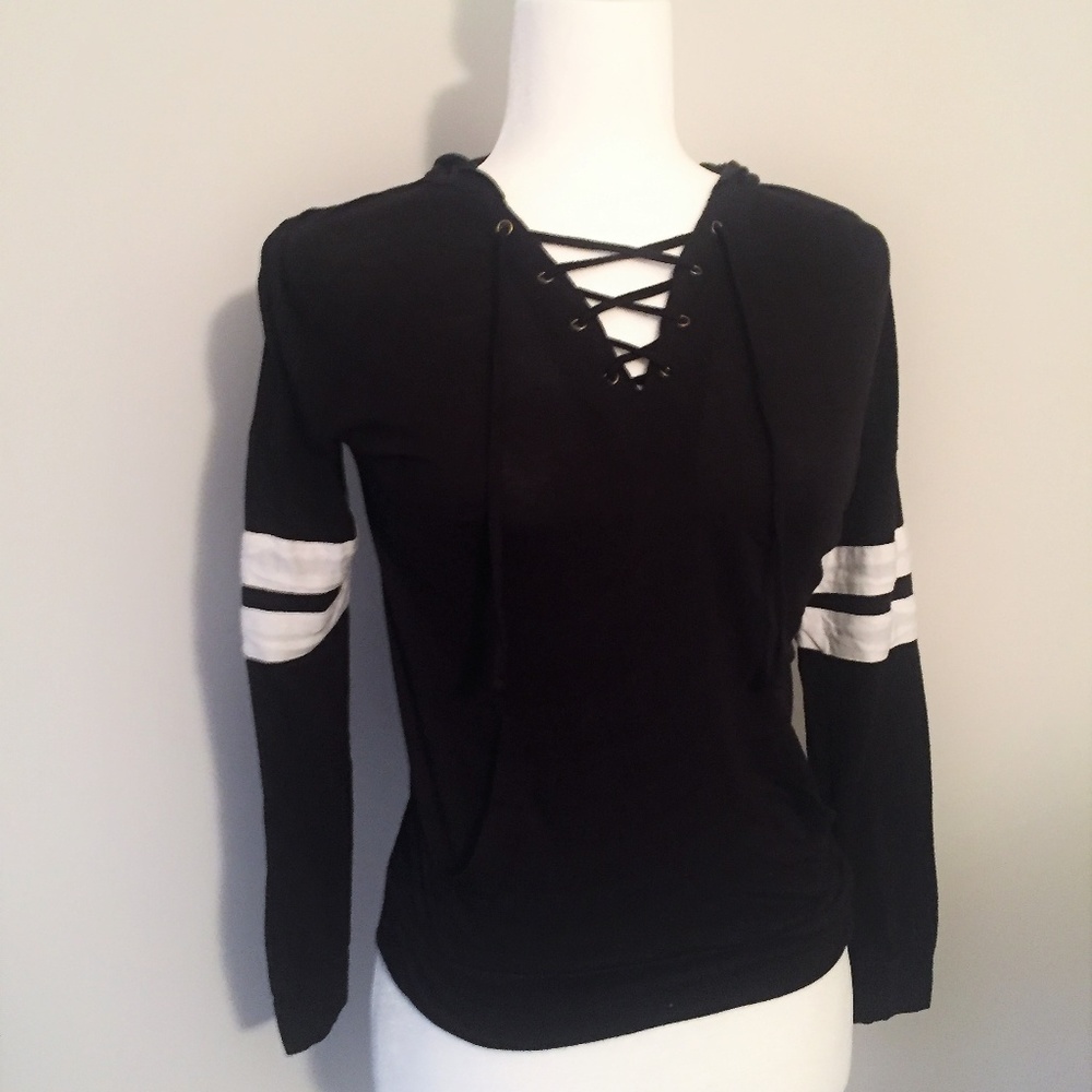Lace-Up Lightweight Black Sweatshirt with Stripes